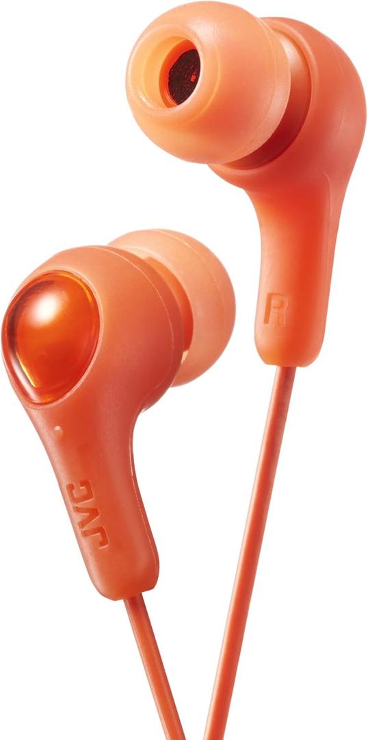 ORANGE GUMY In Ear Earbuds With Stay Fit Ear Tips. Wired 3.3ft Colored Cord Cable With Headphone Jack. Small, Medium, and Large Ear Tip Earpieces Included. 