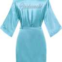 Women's Satin Robe Short Kimono for Bride & Bridesmaid with Silver Rhinestones, Wedding Party Robes