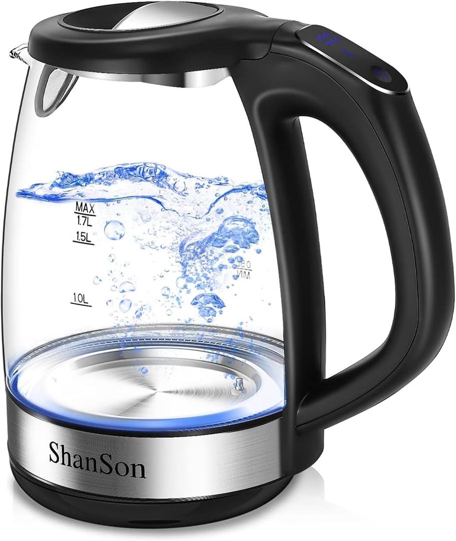 ShanSon 1.7L Electric Glass Kettle 1500W Temperature Control Fast Water Boiler BPA Free Auto Shut-off Protection Electric Teapot with Led Touch Screen (Clear)