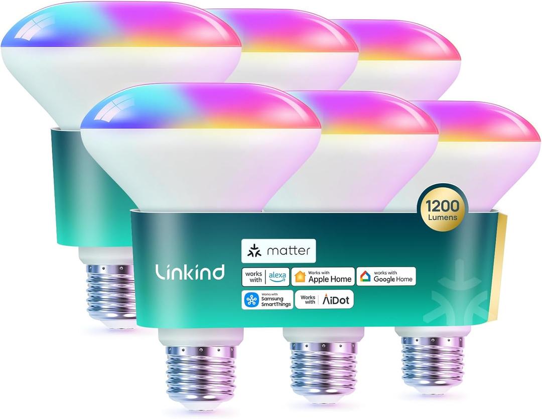 Linkind Matter Smart Light Bulb,1200LM BR30 Smart Flood Light Bulbs Compatible with Alexa, Apple Home, Google Home, RGBTW Recessed Color Changing Bulbs E26, 2.4GHz Only WiFi Light Bulbs LED, 6 Pack