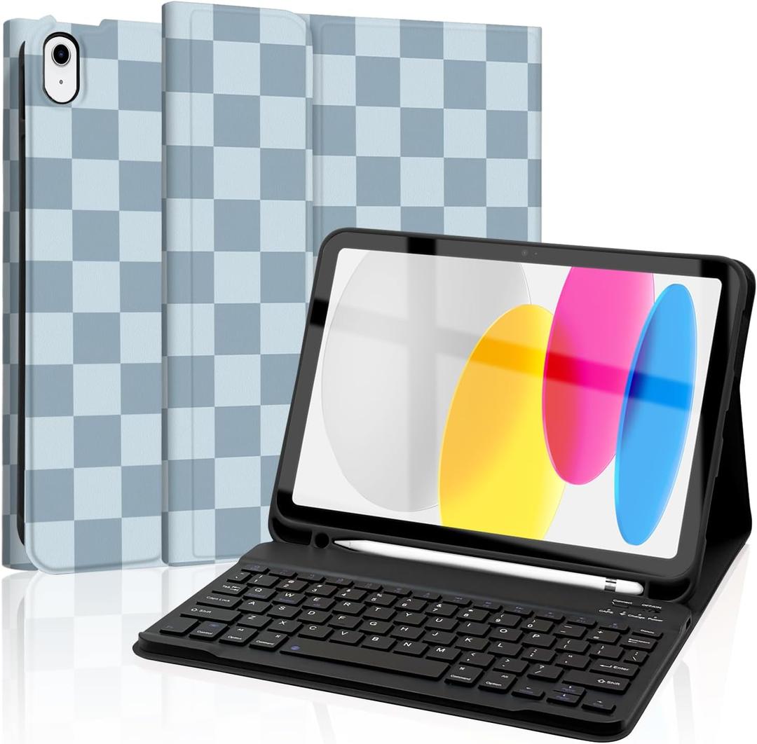For iPad 11th 10th Generation Case with Keyboard, Detachable Folio Wireless Keyboard Cover with Pencil Holder for 11th A16 11-inch 202510th 10.9 Inch 2022, Checkered Plaid Blue-Light Blue