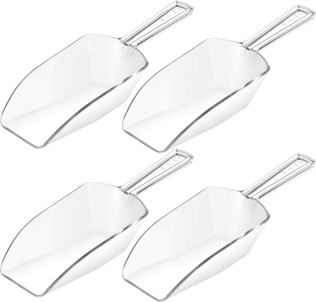 Hestya 4 Pcs Multi Purpose Clear Plastic Scoops for Candy Buffet Acrylic Kitchen Ice Food Popcorn Scoops for Protein Powders, Ice Cream, Coffee, Tea Jar (7.8 Inch)