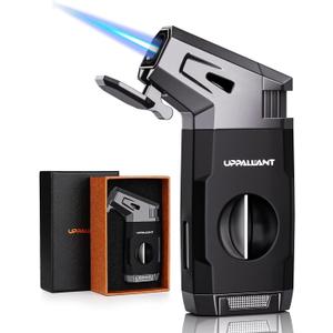 Torch Lighter with Windproof Jet Flame, Built-in V Cutter, Box for Christmas, Refillable Butane Torch Lighters, All-in-one Cool Lighters for Candle, Travel (Black)