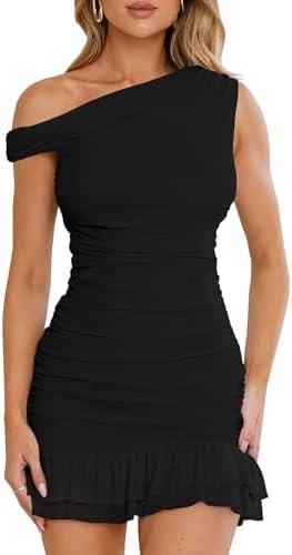 Nsbonu Women Sexy Off Shoulder Mini Dresses Bodycon Ruched Ruffle Hem Club Party Short Dress M