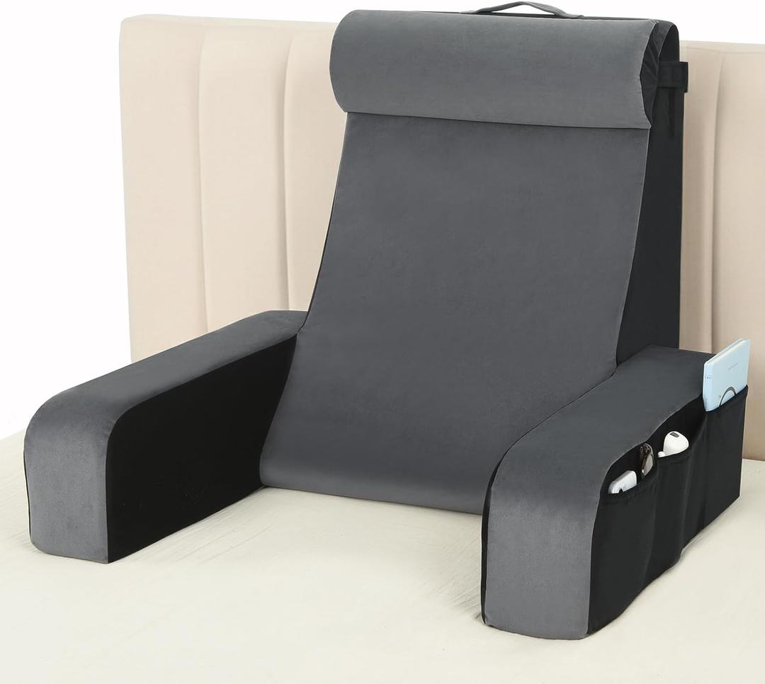 Vekkia 25" Extra-Large Reading Pillow for Tall Adults 60 Ergonomic Wedge Back Pillow with Built-in Armrests, Adjustable Headrest & Large Pockets Ideal for Sitting in Bed, Reading, TV, and Gaming, Build-in Arms