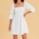 EXLURA Womens 2026 Square Neck Dress Long Puff Sleeve A-Line Casual Short Mini Dresses (White, M)
