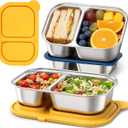 Cmonie 2-Compartment 14.5oz Stainless Steel Snack Containers, Reusable Snack Containers with Silicone Lids Food Storage Bento Box for Snacks, Fruits (2Pack-Yellow&Blue)
