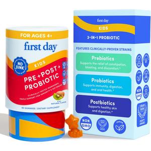 FIRST DAY Kids 3-in-1 Probiotic Gummies Prebiotic + Probiotic + Postbiotic Supplement Supports Digestive & Oral Health, Immune Function & Energy Levels 30-Day Supply (60 Count (Pack of 1)) Best By 12/1/2025