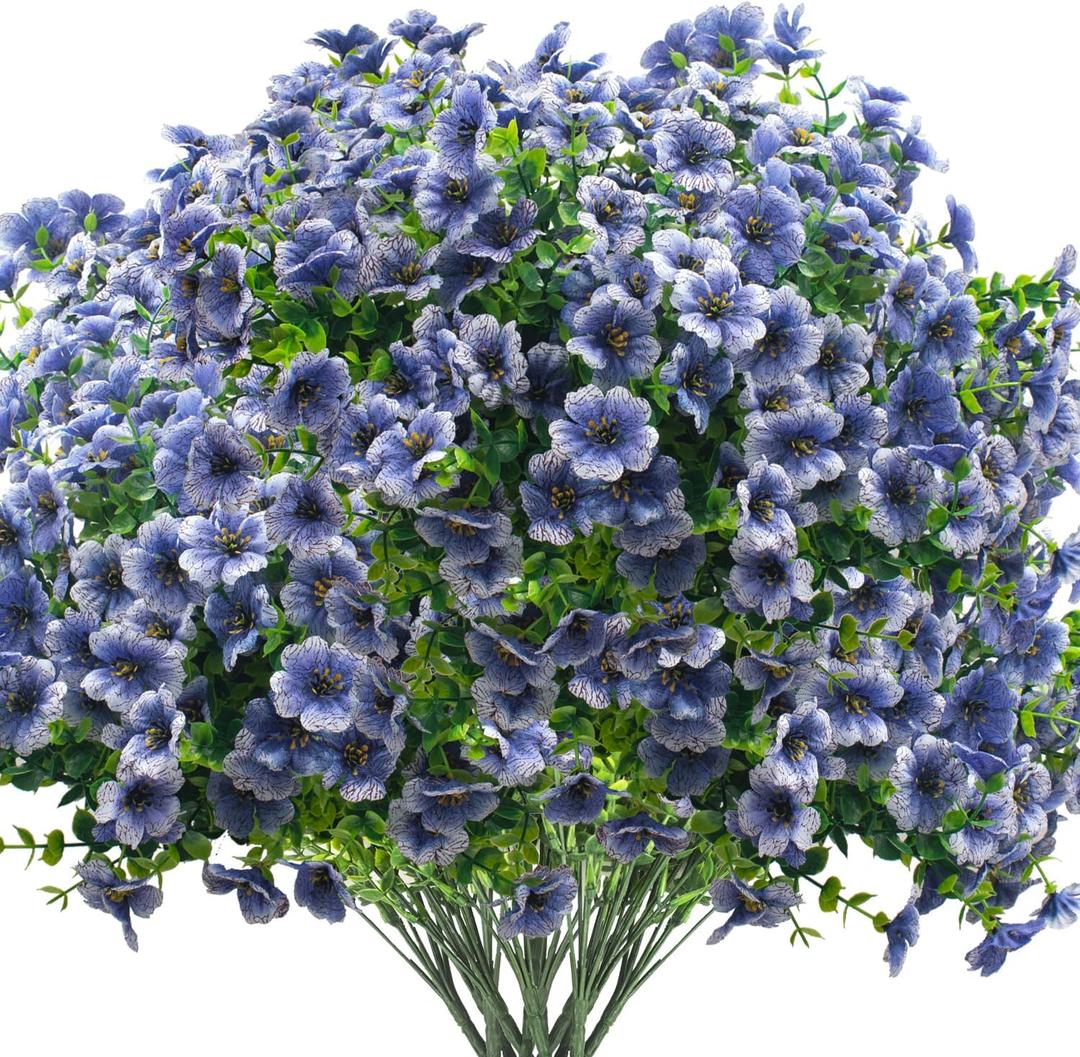 Grunyia Artificial Fake Flowers for Outdoor Spring Decoration, 16 Bundles Faux Silk Colorful Daisy UV Resistant Realistic for Outside Porch Patio Home Yard Garden Planters Pots Window Box (Blue)