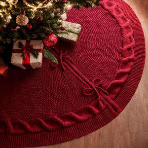 Red Christmas Tree Skirt, 36 Inch Knitted Tree Skirt for 3-6 Ft Christmas Tree Luxury Knitted Thick Rustic Tree Skirt Xmas Decoration, Christmas Tree Skirt Decor for Pencil Christmas Tree