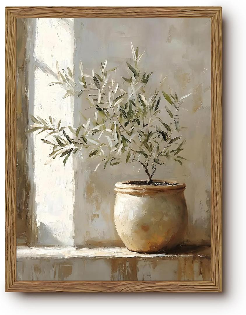 Vintage Framed Olive Tree Canvas Wall Art, Neutral Botanical Pictures Wall Decor, Rustic Potted Plant Paintings Prints, Organic Modern Farmhouse Artwork for Living Room Bedroom 16x24 Inch