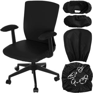 Tallew 4 Pcs Office Chair Covers PU Leather Office Desk Accessories Universal Computer Chairs Cover Stretchable Protective Chair Seat Covers Desk Armrest Cover Slipcovers Rotating Backrest (Black)
