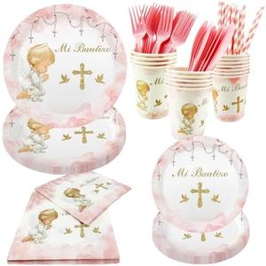 AIBIIN 112 PCS Baptism Plates Napkins Cups Decoration for Girl Mi Bautizo Baby Shower First Holy Communion Disposable Party Tableware Newborn Christening God Bless Party Supplies Favors for 16 Guests, Set of 2