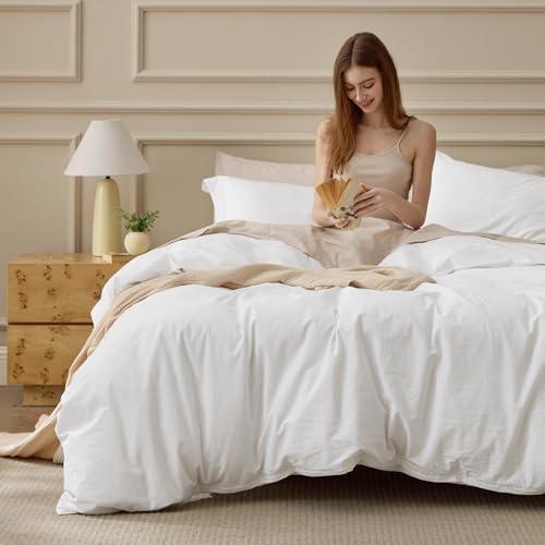 Bedsure 100% Washed Cotton Duvet Cover King Size - Natural White Minimalist Bedding Set Linen Like - PureWoven Plain Simple & Soft Comforter Cover for All Seasons (Natural White, King, 104"x90")