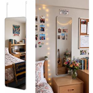 Thyle Over The Door Mirror 16x48'' Full Length Dorm White Mirror with Adjustable Hooks Wall Mounted for College School Classroom Affirmation Station Back Door Bedroom Entryway Long Body