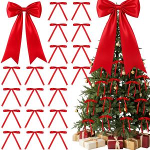 Riceshoot Red Valentines Bow Set Decor, 16''x 32'' Big Bow Tree Topper and 24 Pcs 5''x7'' Valentines Ribbon Twist Tie for Tree Birthday Wedding Holiday Wreath Gift Wall Backdrop Decor