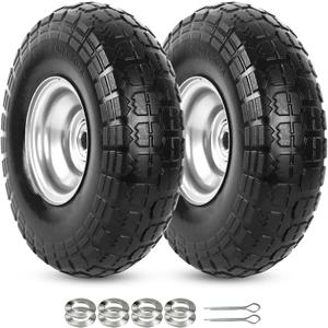 AR-PRO (2 Pack) 4.10/3.50-4 Flat Free Tire and Wheel, 10" Solid Rubber Tires for Wheelbarrow, Dolly, Hand Truck, Wagon, Garden Cart, Generator Wheels Replacement - 5/8" Bearings, 2.2" Offset Hub