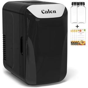 CALEN Mini Fridge with 2 Bottles, 6L/8 Cans Mini Fridge for Bedroom, Skincare Fridge 110V AC/12V DC Small Refrigerator for Food, Beverages, Cosmetics, Portable Mini Refrigerator for Office, Dorm, Car