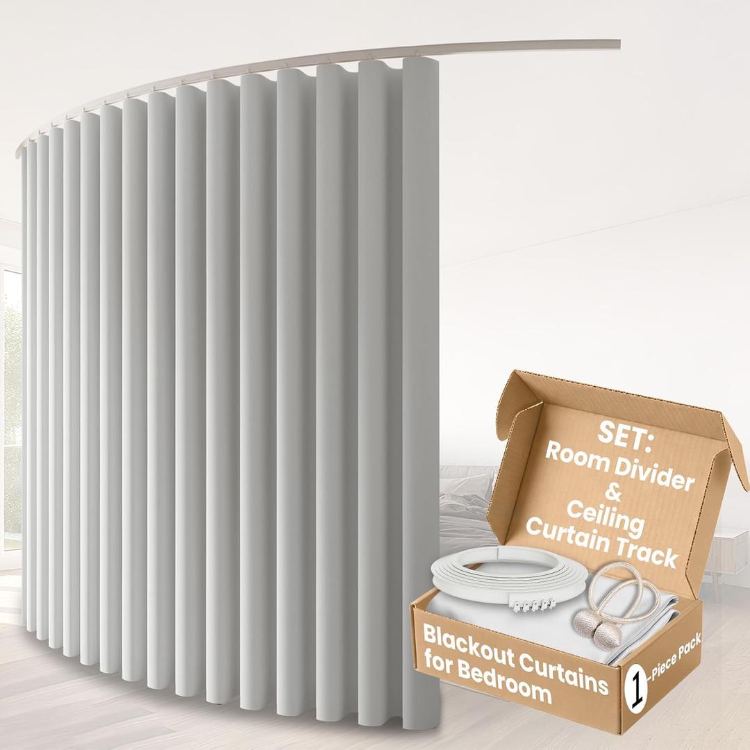 Room Divider Curtains & Flexible Bendable Tracks Set,Privacy Dividers Ceiling Track Curtain Window Blackout Curtains for Living Room Bedroom (W100 H84 in 1 Panel White Drape & White Rail 9.8 FT/3 M)