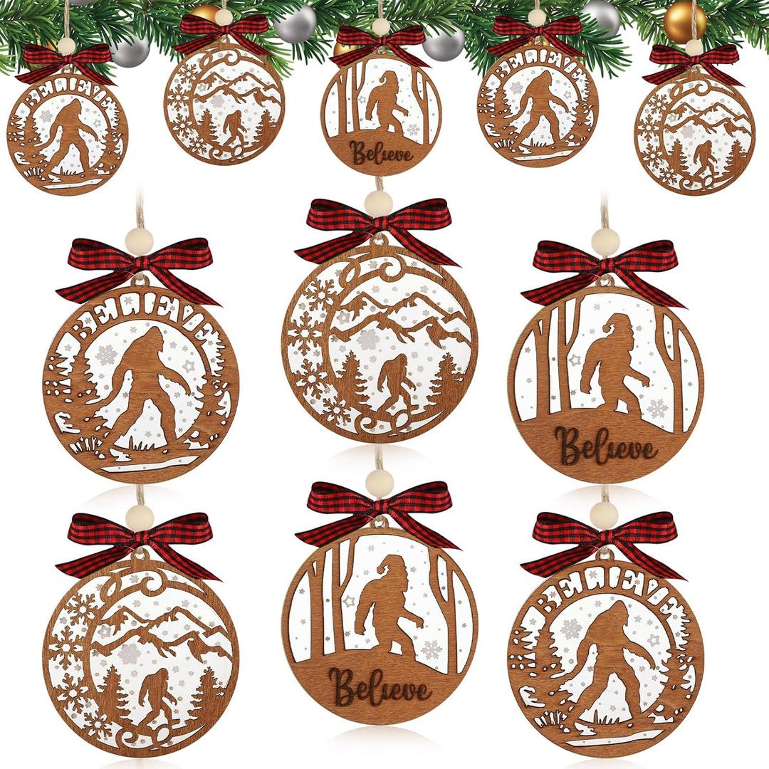 24 Pcs Bigfoot Ornaments for Christmas Tree Sasquatch Gifts Wooden Acrylic Hanging Ornaments Funny Supernatural Gifts for Bigfoot Lover Men Women Holiday Xmas Tree