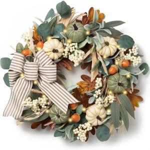 Valery Madelyn Fall Wreaths for Front Door Outside, 20'' Farmhouse Autumn Door Wreath with Lights White Pumpkins Bow, Outdoor Fall Decorations for Home Porch Thanksgiving Harvest Table Centerpiece