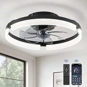 LEDIARY Ceiling Fans with Lights and Remote, 19.7 Inch Low Profile Ceiling Fan, 6 Speeds, Reversible, Dimmable Flush Mount Fan Light, Modern & Bladeless Ceiling Fan with Light for Bedroom, Black