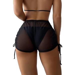 Women's Drawstring Side Mesh Sheer Beach Summer Cover Up Shorts Bikini Bottoms (Black) S