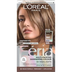 L'Oreal Paris Feria Multi-Faceted Shimmering Permanent Hair Color, B61 Downtown Brown (Hi-Lift Cool Brown), Pack of 1 Hair Dye Kit