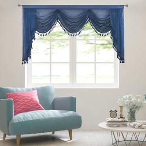 Sheer Window Valances for Living Room Waterfall Tassels Swag Valances for Bedroom Valance Curtains for Kitchen Rod Pocket (Navy Blue, W89 Inch) (89"W x 48"L (Pack of 1))