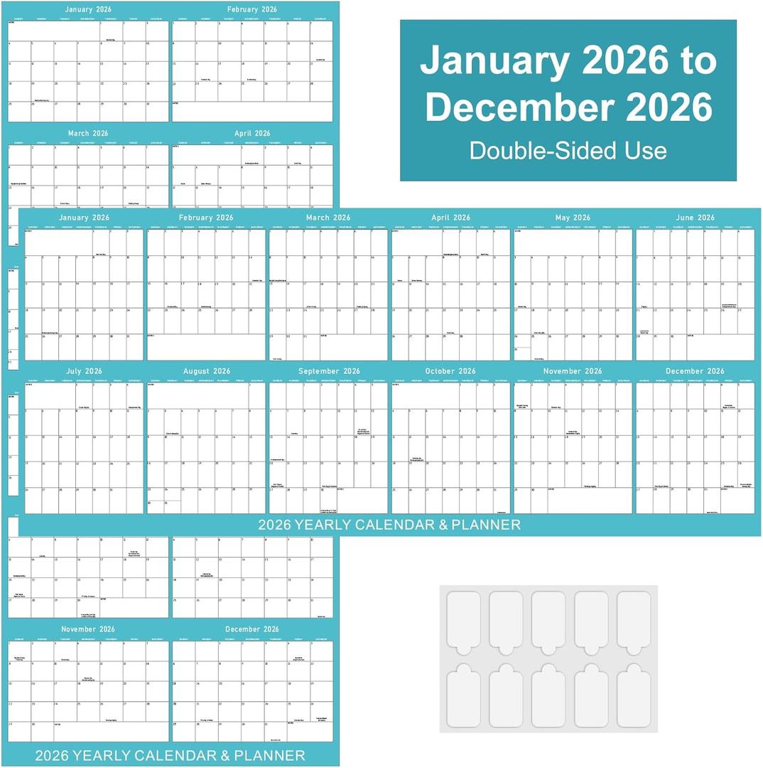 17" x 38" 2026 Wall Calendar, Wet & Dry Erase Wall Calendar 12 Month, Yearly Laminated Wall Calendars, Reversible Annual Planner, Horizontal/Vertical, Suitable for Home, School, and Office Use (No Creases) (Blue)