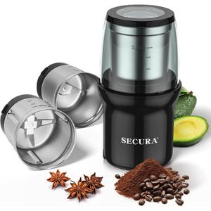 Secura Electric Coffee Grinder and Spice Grinder with Stainless Steel Blades, 2 Removable Bowls, Black