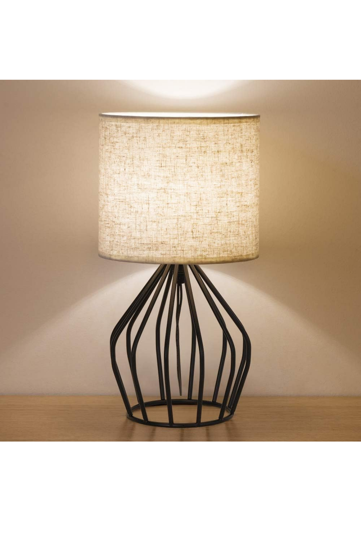HAITRAL Black Modern Table Lamp - Minimalist Small Bedside Lamp with Hollowed Out Base Linen Fabric Shade, Vintage Nightstand Lamp for Bedroom Living Room Side Table Desk Kids Room