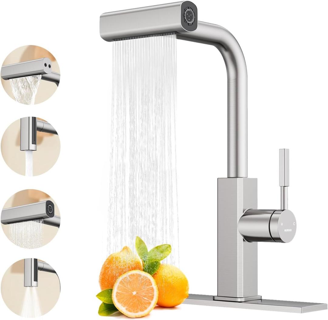 Waterfall Kitchen Faucet with Pull Down Sprayer, Hurran Stainless Steel Kitchen Sink Faucet with 4 Modes(Sweep/Stream/Waterfall/Sprayer),360 Swivel Modern, Brushed Nickel