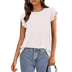 KIRUNDO Womens Tops 2025 Summer Ruffle Short Sleeve Casual T Shirts Trendy Crewneck Loose Solid Color Basic Tee Blouses(White, X-Large)