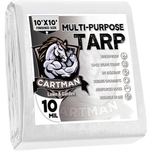 CARTMAN Finished Size 10x10 Feet 10 Mil White Heavy Duty Poly Tarp, Multipurpose Protective Cover, UV Resistant, Waterproof Poly Tarpaulin with Reinforced Edges Tarpaulin with Reinforced Edges