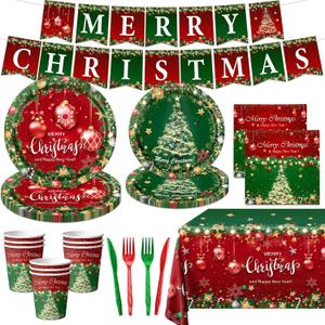 Christmas Party Decorations Dinnerware Set, 142Pcs Red and Green Merry Christmas Plates and Napkins,Cups,Banner, Shine Claus Tree Tablecloth for Winter Holidays Xmas Party Supplies