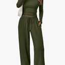 Trendy Queen Women's 2 Piece Matching Lounge Set Long Sleeve Side Ruching Top Wide Leg Drawstring Pants Set with Pockets, Large
