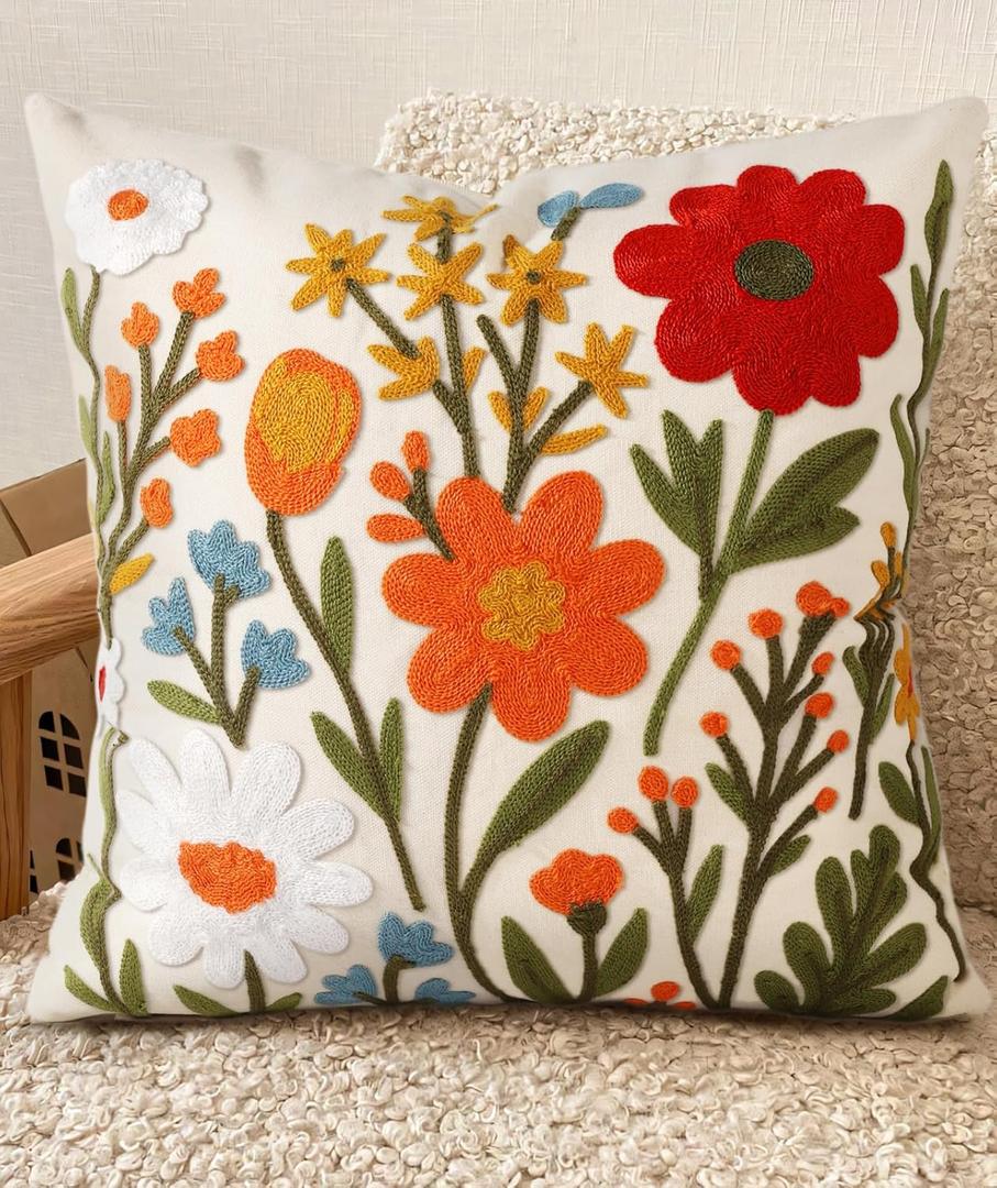 Embroidered Throw Pillow Cover 18x18 Inch - Spring Summer Boho Decorative Pillow Cover with Zipper for Living Room Couch Sofa Bed Aesthetic Design Flower Cluster Cushion Pillowcase