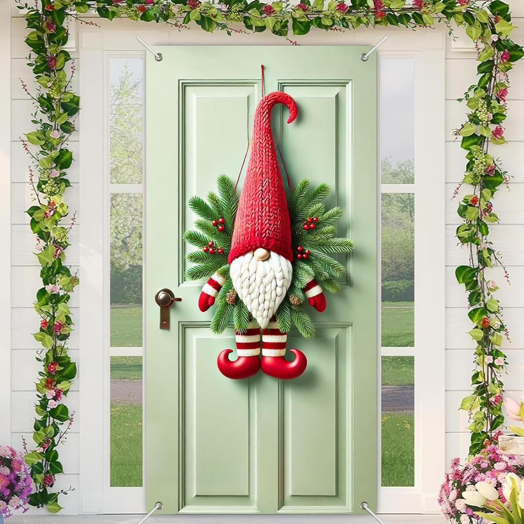 2 x BlissYard Christmas Gnome Door Cover Banner 35x71 Inch Oversized Holiday Welcome Sign with Pine Leaves and Red Hat Winter Front Porch Decorations for Farmhouse Indoor Outdoor Wall Hanging Decor