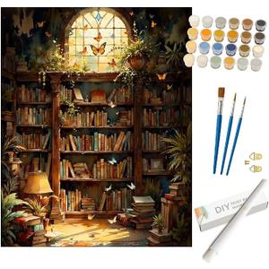 Garden Library Paint by Numbers Kit for Adults - DIY Books and Butterflies in Window Light Painting on Rolled Canvas 16x20In, Acrylic Paint Set for Beginners, Art for Home Decoration or Gifts