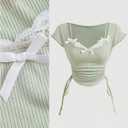 WDIRARA Women's Plus Size Bow Lace Trim Crop Tops 2 in 1 Asymmetrical Drawstring Ruched T Shirts (XL)