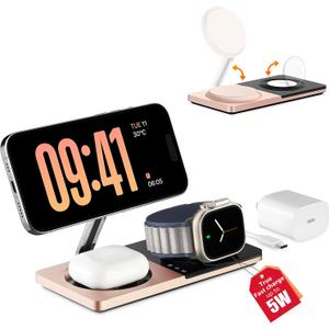 3 in 1 Wireless Charging Station for Apple Devices with MagSafe | For iPhone 17/Air/16/15/14/13/12, AirPods & Apple Watch, Foldable Portable Aluminum Charging Stand, Adapter Included  Golden