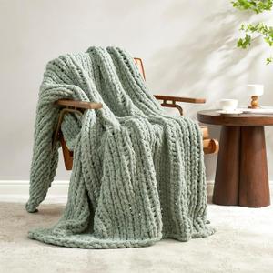 Amlie Home Chunky Knit Throw Blanket for Couch, Soft Chenille Crochet Blanket for Sofa, 50"x60", Sage Green