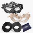 Masquerade Mask for Couples Women and Men - 3 Pack Venetian Gold and Black Lace, Mardi Gras Mask