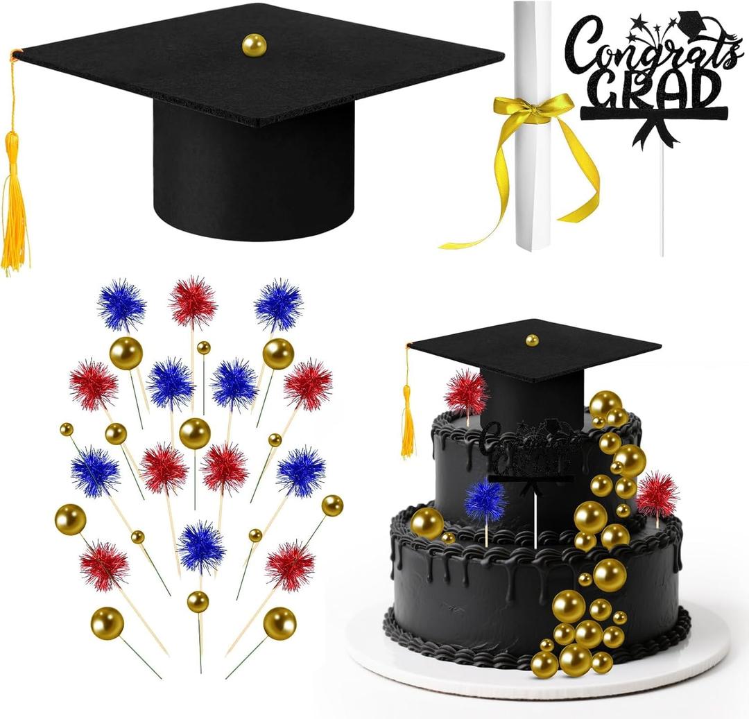 32PCS Graduation Cake Decorations Kit for Class of 2025 Felt Tassel Cap, Firework Cupcake Toppers, Diploma, Balls, Black Theme Graduation Party Supplies for Grads (Black)