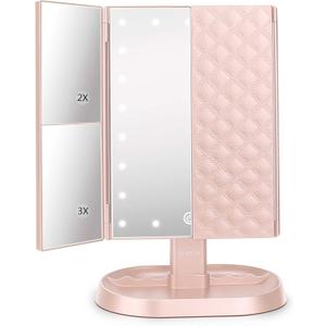 deweisn Trifold Lighted Vanity Makeup Mirror with 21 LED Lights,1x/2x/3x Magnification and Touch Screen Dimming,Two Power Supplies Makeup Mirror, Gift for Women (Pink)