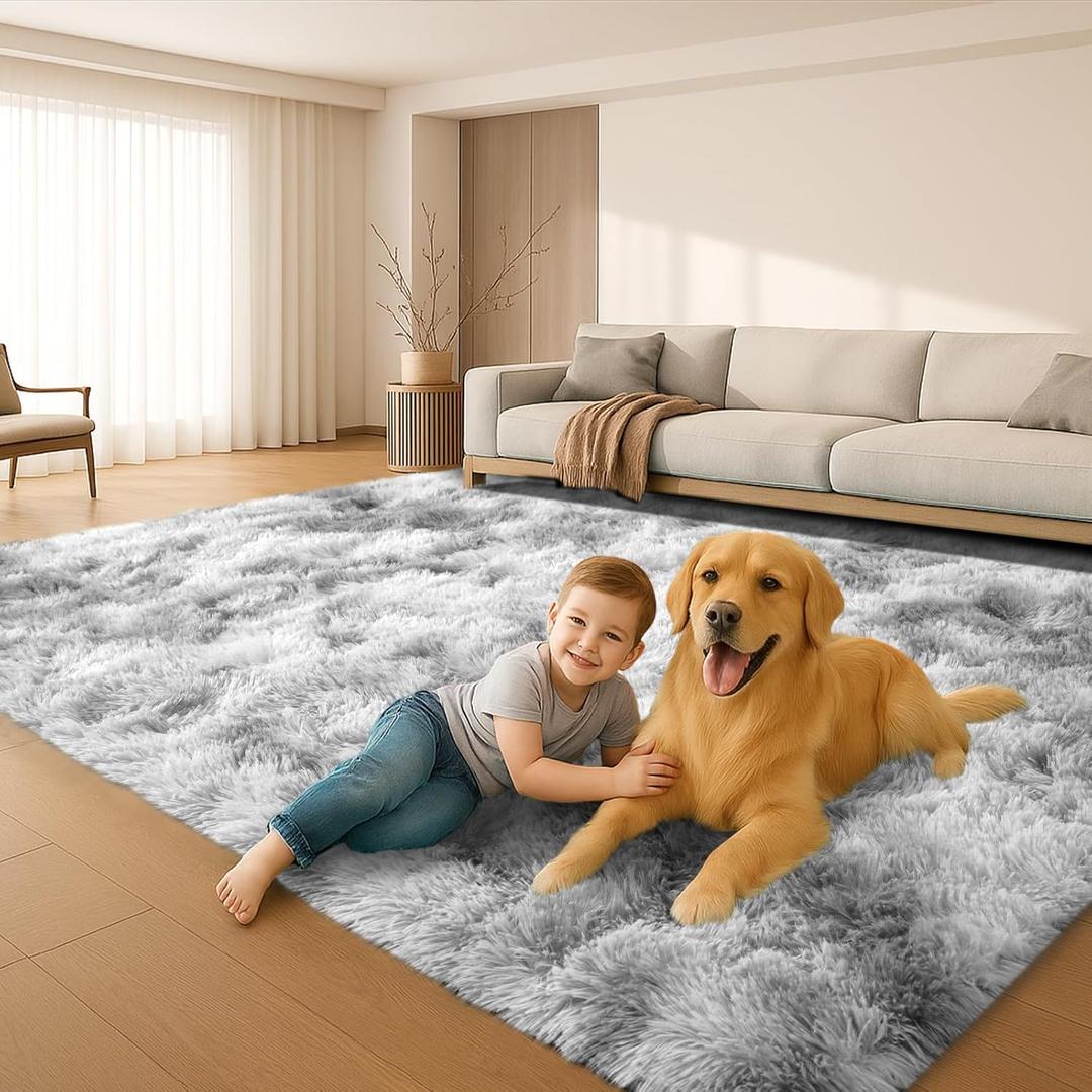 5x7 Plush Fluffy Area Rugs, Large Soft Carpet, Upgraded Non-Slip Rectangular Rug for Living Room, Bedroom, Kids Room, Dorm,Modern Home Decor Aesthetic,Tie-Dyed Grey.