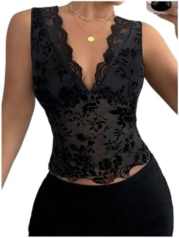 Milumia Women's V Neck Lace Tank Top Y2k Sleeveless Sheer Mesh Crop Tops Rave Clubbing Size L