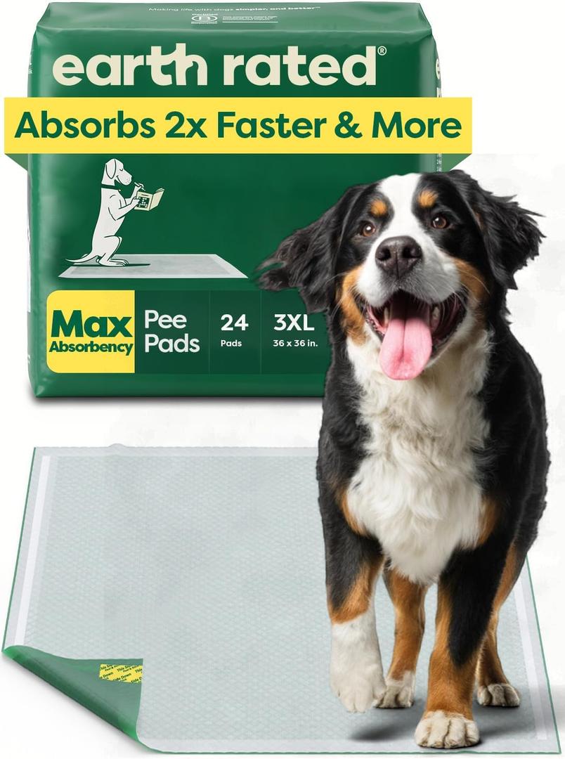 Earth Rated Max Absorbency Puppy Pee Pads for Dogs Absorbs 2X Faster & 2X More, Leak-Proof, Odor Control Potty Training, Unscented, 3XL, 36 x 36, 24 Count