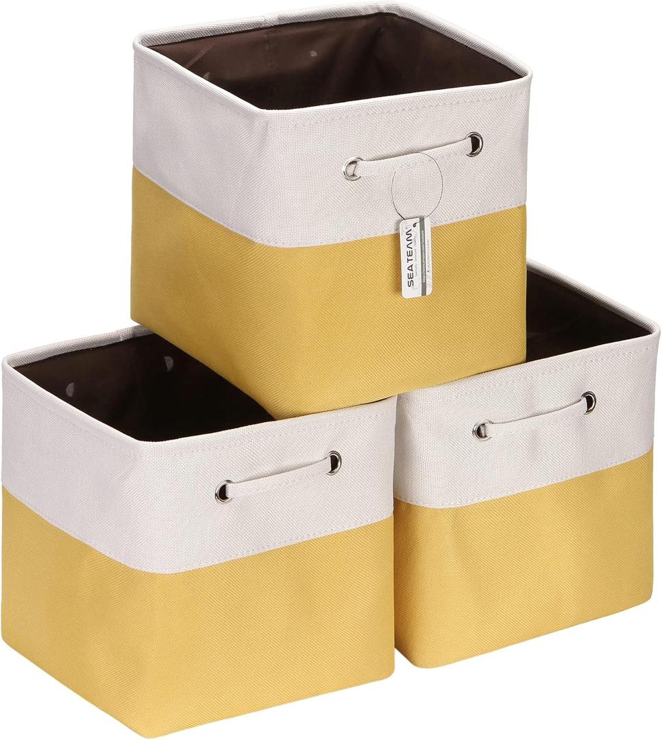 Sea Team 3-Pack Cubic Storage Basket Set, Storage Cube Organizer, Clothes Toys Bin, 11 x 11 x 11 Inches, Big Square Canvas Fabric Collapsible Shelf Box with Handles for Kids Room (Yellow/White)